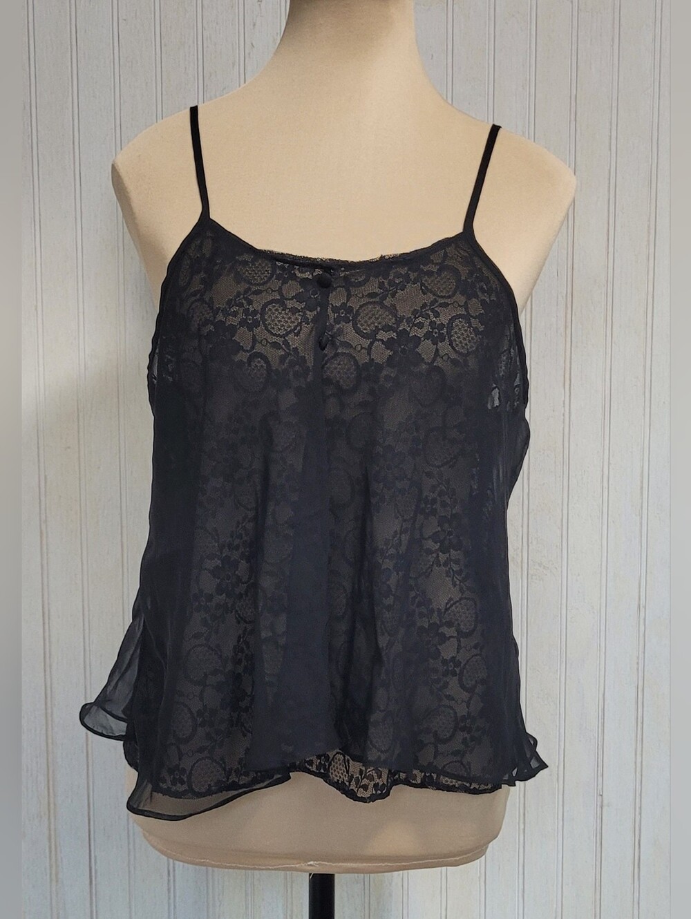 Delicates Vintage Black Lace Chiffon Overlay Cami Top NWT Size Small